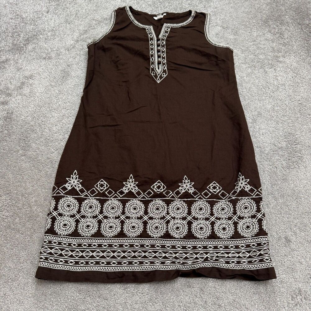 Charter Club Linen Blend Embroidered Shift Dress Womens 12 Brown Sleeveless Boho